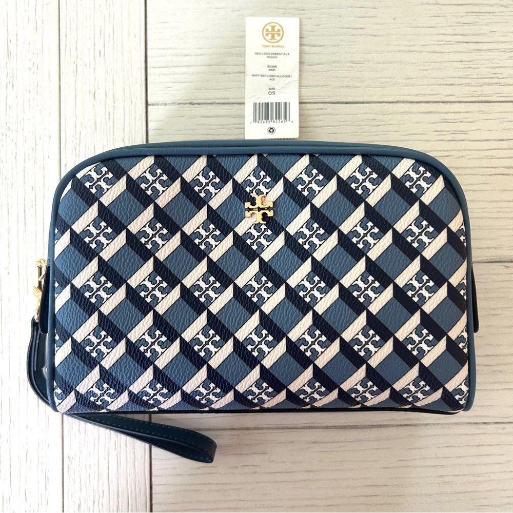 NWT Tory Burch Blue Geo Logo Essentials Pouch with Wristlet